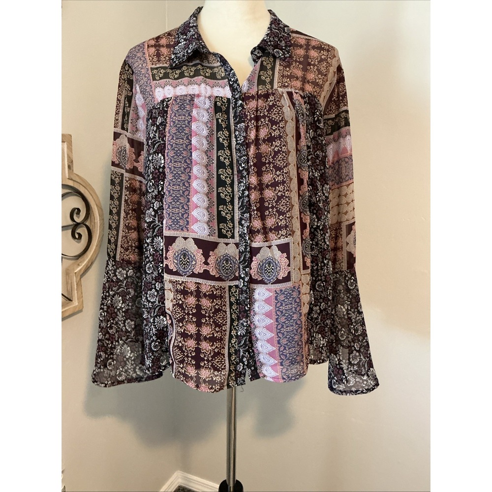 Maurices Patchwork‎ Bell Sleeve Blouse Size L Boho Floral Sheer Lightweight